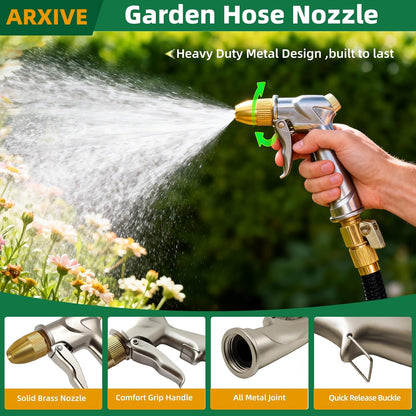 ARXIVE Heavy Duty Metal Garden Hose Nozzle - 4 Adjustable Spray Patterns for Lawn, Car, and Pet Care