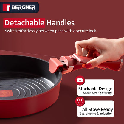 Bergner 11-Piece Non-Stick Cookware Set with Detachable Handles - Stackable Die-Cast Aluminum Pots and Pans Set, Induction & Oven Safe, Space-Saving Kitchen Set, Red