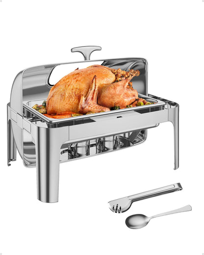 Garvee Rectangular Roll Top Chafing Dish Buffet Set, 9QT Stainless Steel Chafing Dish Set Equipped with 1 Full Size Pan, Catering Warmer Server with Visible Lid Water Pan Stand Fuel Holder Clip
