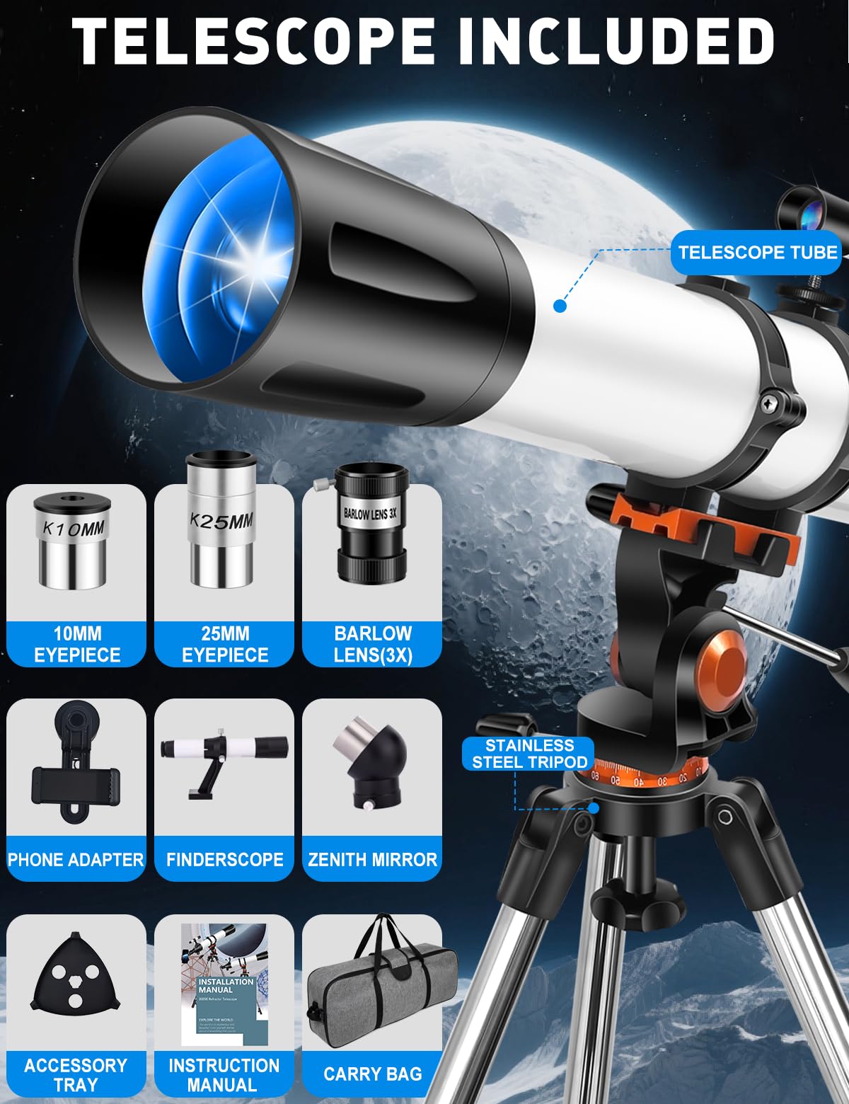 Uonol Telescope for Adults High Powered 90mm Aperture 800mm (32X-240X), Refractor Telescopes for Astronomy Beginners with AZ Mount Tripod, Phone Adapter, Carry Bag (80090white)