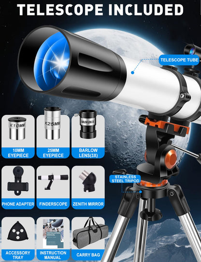 Uonol Telescope for Adults High Powered 90mm Aperture 800mm (32X-240X), Refractor Telescopes for Astronomy Beginners with AZ Mount Tripod, Phone Adapter, Carry Bag (80090white)
