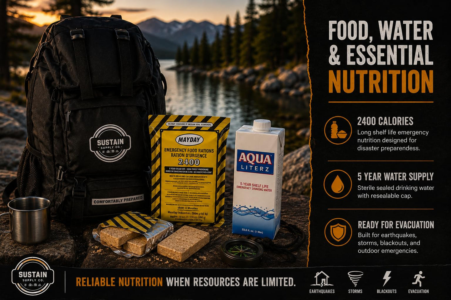 Sustain Supply 70491 2-Person 72-Hour Emergency Survival Kit Backpack Complete Disaster Preparedness Pack w/Food, Water, First Aid Kit, Tools & Shelter Gear for Earthquake, Hurricane & Evacuation