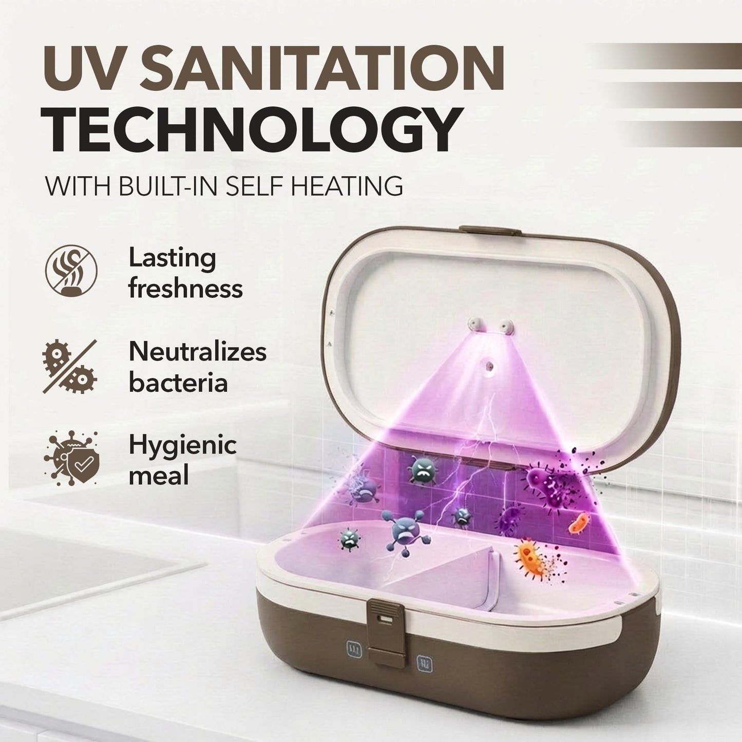UVI, Self Sanitizing Electric Lunch Box for Adults, Portable Food Warmer for Work & Travel, Portable Heated Lunch Box for Men & Women (Charging Box Not Included)