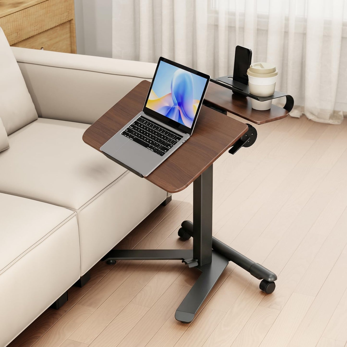 ROMOON Rolling Standing Desk with Wheels, Portable 24 inch Sit-Stand Laptop Cart with Tilt Top and Storage, Mobile Compact Workstation for Home Office and Small Spaces (Walnut)