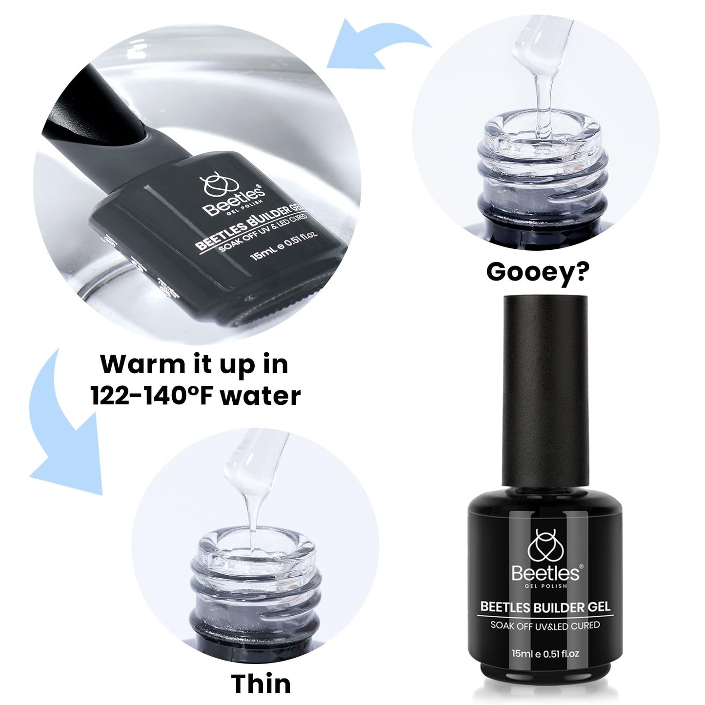 Beetles Builder Gel Set,3 Pcs 8 in 1 Nail Strengthening Apex Building Extension for Beginner DIY Salon at Home,Clear Builder Nail for Nails with Base and Top Coat Gel,UV & LED Lamp Needed