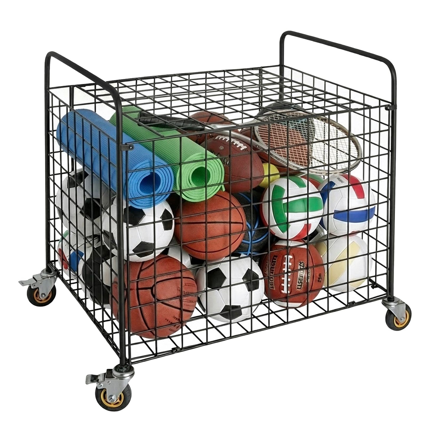 MyGift Ball Storage, Basketball Holder, Professional Gym Metal Multi Sports Ball Cart with Jumbo Industrial Wheels, Commercial Grade Portable Equipment Locker Cage for Football, Soccer, Volleyball