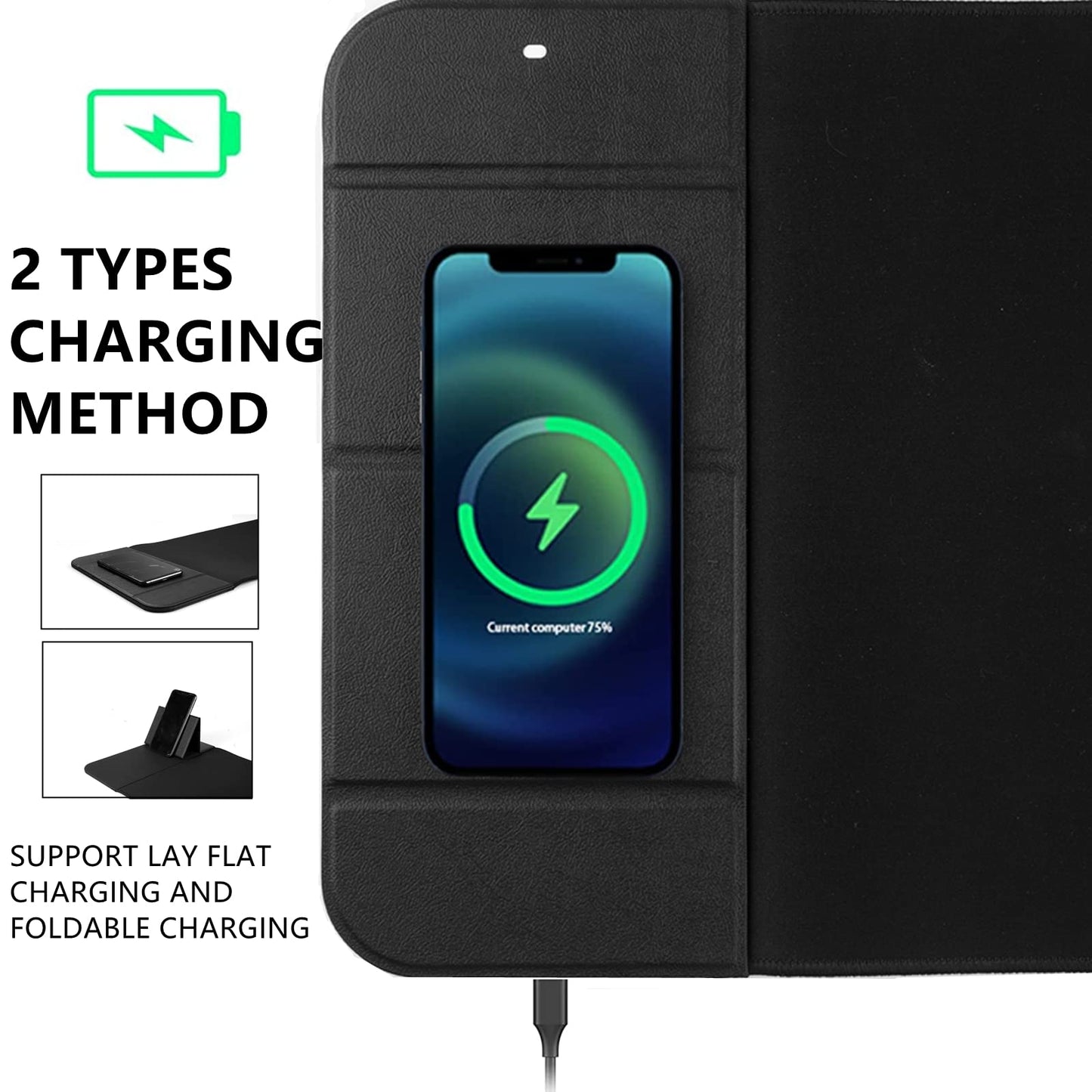 Wireless Charging Mouse Pad with Phone Holder Gaming Mousepad Desk Mat 15W Qi Fast Charging Pad Ultra-Smooth Surface Non-Slip Extended Premium Black Computer Keyboard Mat for MacBook PC Laptop