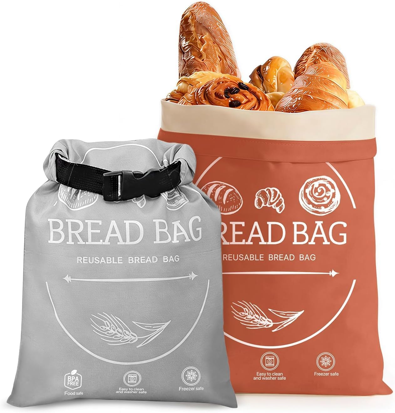 Beeswax Bread Bags - 2 Pack XL Reusable Waxed Linen Storage Bags | Eco-Friendly & Freezer-Safe (Orange & Grey)