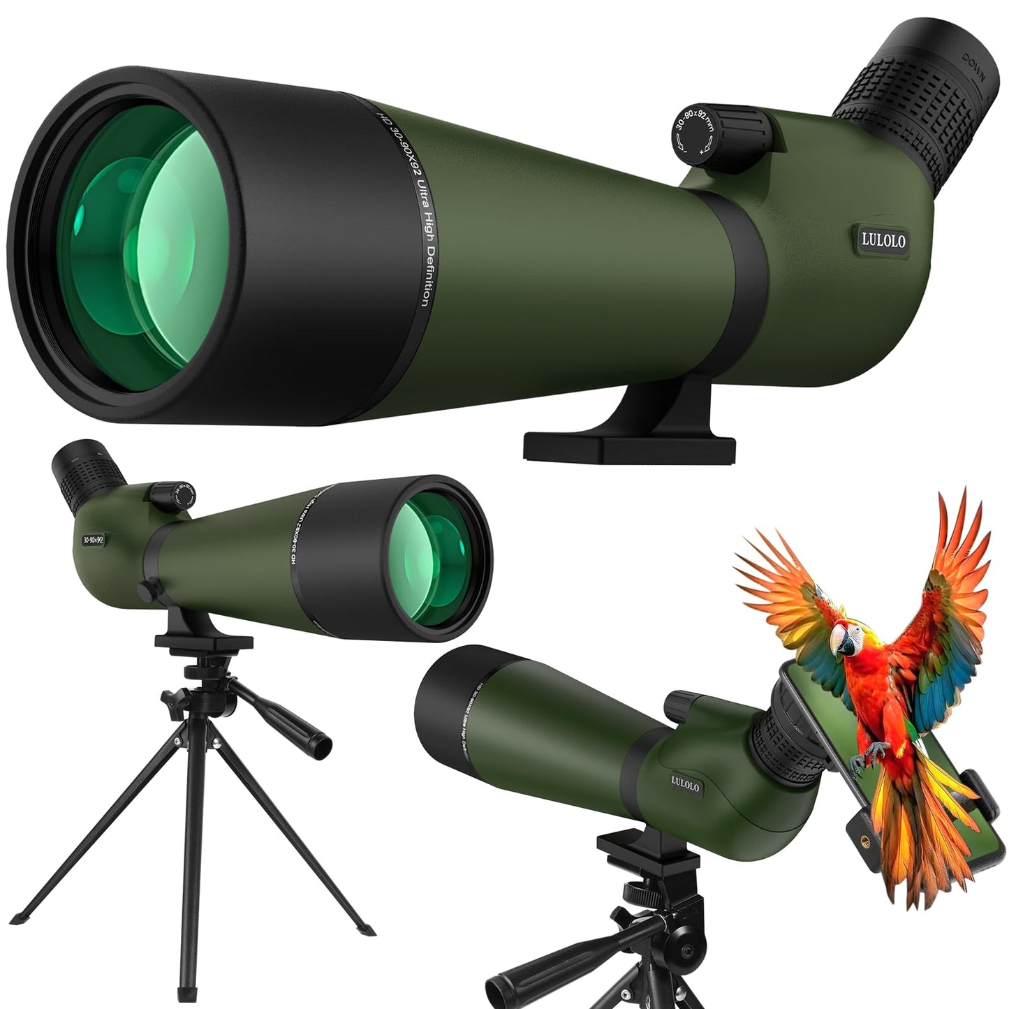 LULOLO 30-90x92 UHD Spotting Scope with Tripod Carrying Bag & Upgraded Phone Adapter - Super Bright BAK4 Prism Waterproof Spotting Scopes for Target Shooting, Hunting, Bird Watching