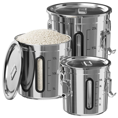 Domart 3 pcs 12/21/33L Stainless Steel Airtight Canister with Lid and Locking Clamp, 3.2/5.5/8.7 Gal Storage Container for Rice/Flour/Grain/Pet Food, for Kitchen/Pantry/Restaurant