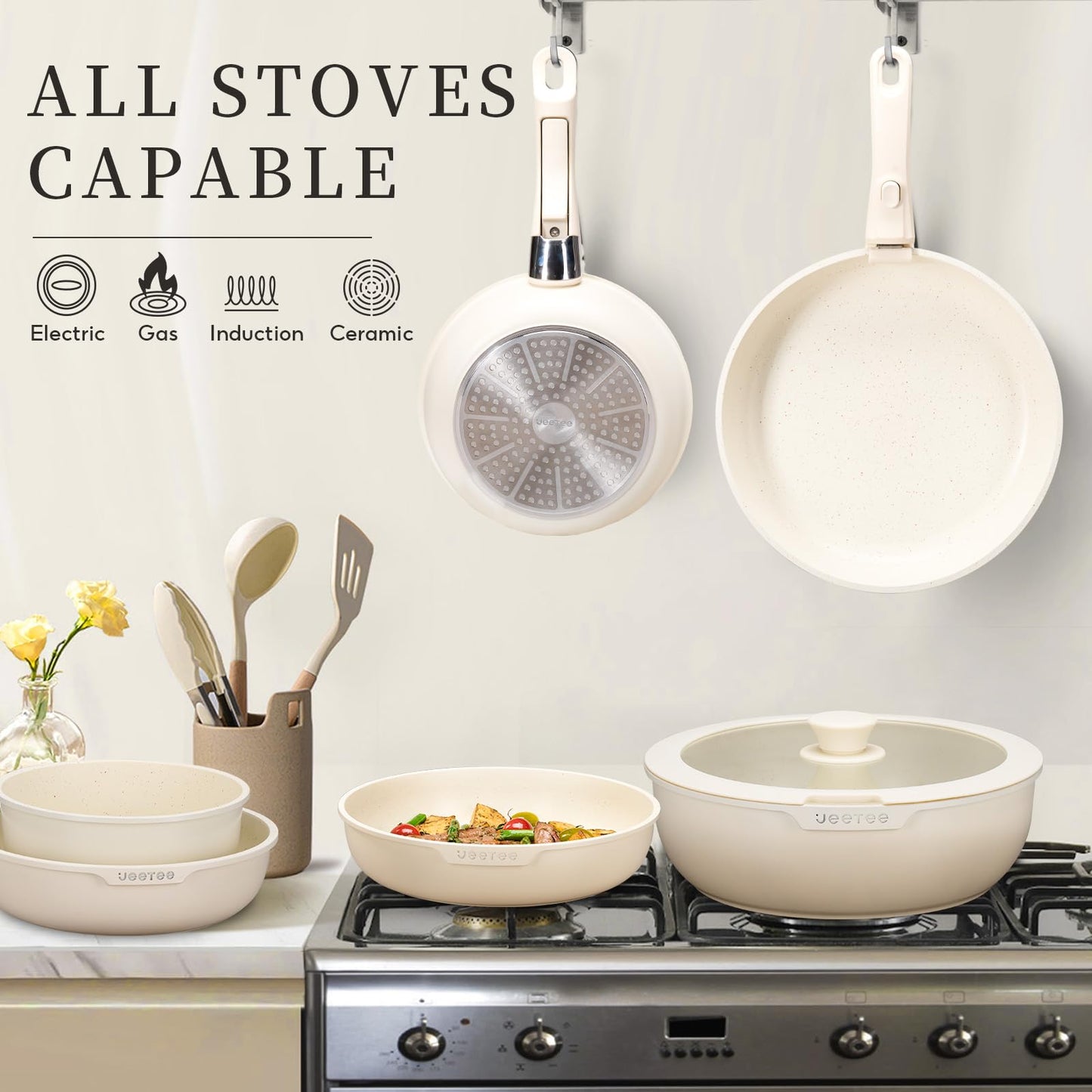 JEETEE Pots and Pan Set Non Stick 19 Pcs, Cookware Set Detachable Handle, RV Kitchen Cooking Set Removable Handles, Stackable Non-stick Set, Oven Safe, Beige