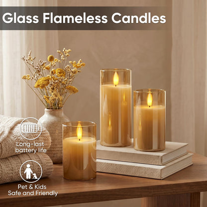 5plots Glass Battery Operated Gold Flameless Candles with Remote Timer, 3D Wick Real Wax Pillar Led Candles Warm Flickering Light for Indoor Home, Halloween, Christmas Decor, Set of 3, D3 x H4 5" 6"