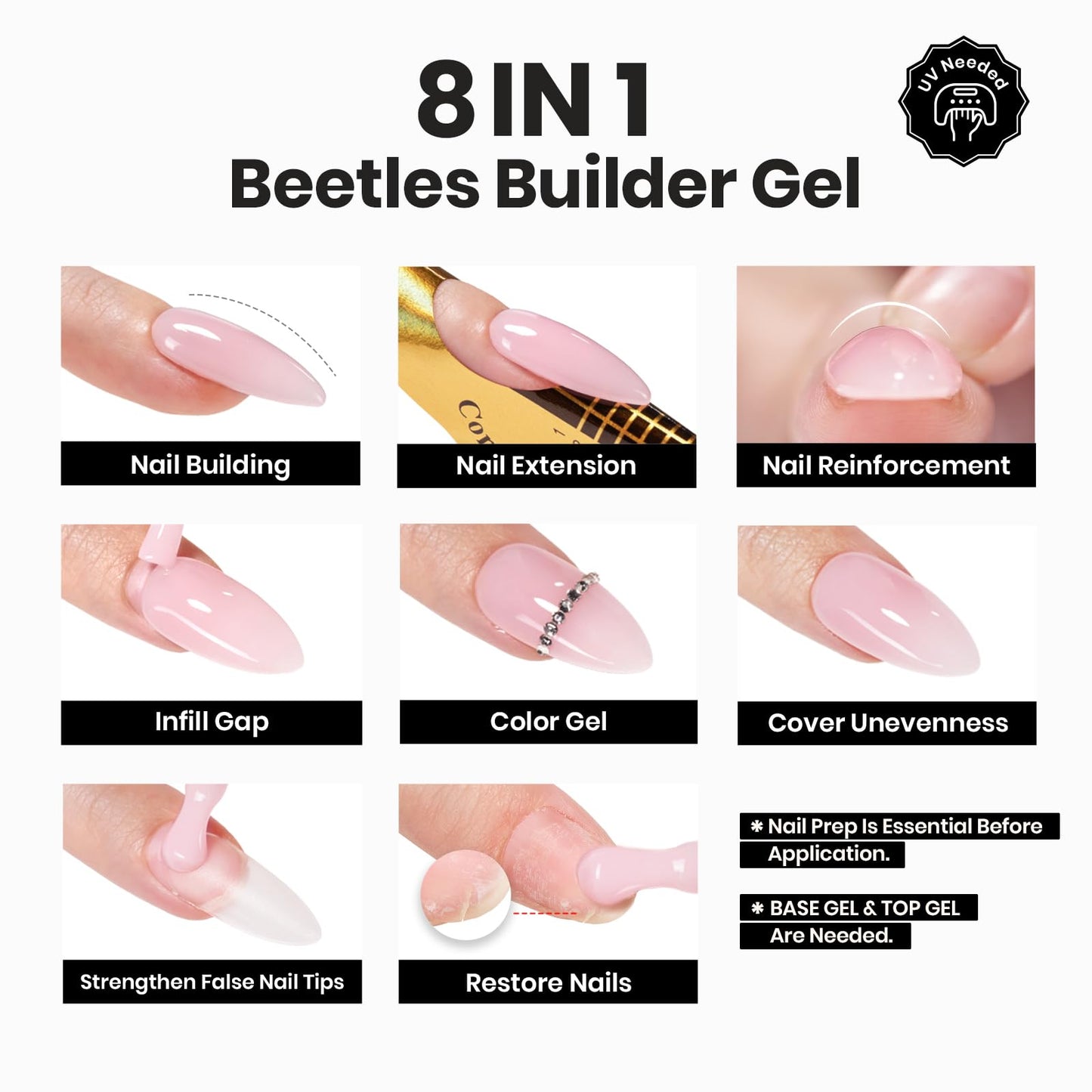 Beetles Builder Gel Set,3 Pcs 8 in 1 Nail Strengthening Apex Building Extension for Beginner DIY Salon at Home,Clear Builder Nail for Nails with Base and Top Coat Gel,UV & LED Lamp Needed