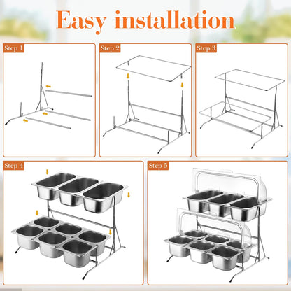 Lallisa 2 Tiered Ice Food Serving Tray Countertop Food Serving Display Container for Buffet Restaurant Party, with Clear Roll Top Cover 6+3 Pan Buffet Condiment Dispenser