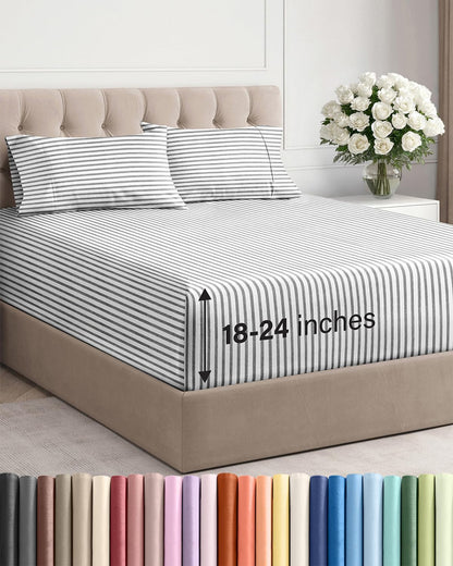 Skiennix Extra Deep Twin Sheet Set - 4-Piece Breathable Cooling Bedding - Soft, Wrinkle-Free Grey Stripes