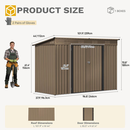 DWVO 9' x 4' Outdoor Storage Shed, Large Metal Tool Sheds, Heavy Duty Storage House with Lockable Doors & Air Vent for Backyard Patio Lawn to Store Bikes, Tools, Lawnmowers, Brown