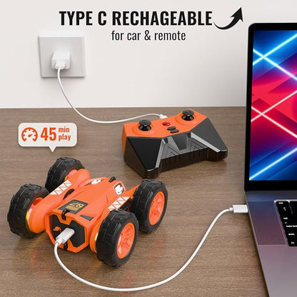 MaxTronic Fast Direct Charging Remote Control Car with LEDExclusive Dual USB-C Charging for Car &amp Controller - 2.4Ghz 15km/h 360° Flips Rotations 4WD RC Stunt Car Fully Rechargeable for Kids 3-12