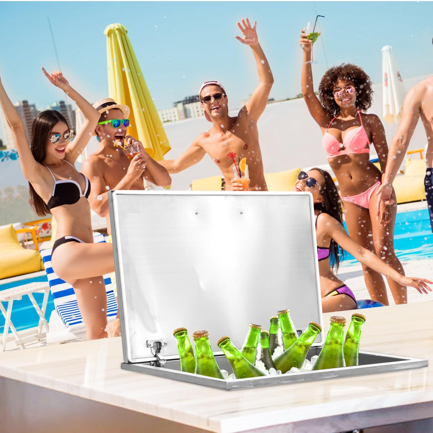 GarveeLife Drop in Ice Chest, 28" L x 14" W x 17" H Stainless Steel Ice Cooler, Commercial Ice Bin with Hinged Cover, Outdoor Kitchen Ice Bar, Drain-Pipe and Drain Plug Included, for Cold Wine Beer
