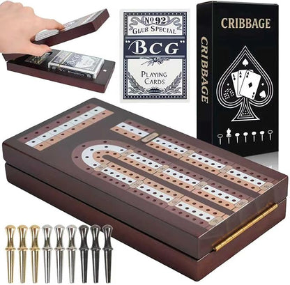 Cribbage Board Game Set Magnetic Lock &amp Built-in Storage - 3-Track Foldable Portable Travel Board for Family &amp Adults to Boost Logic Focus and Social Fun