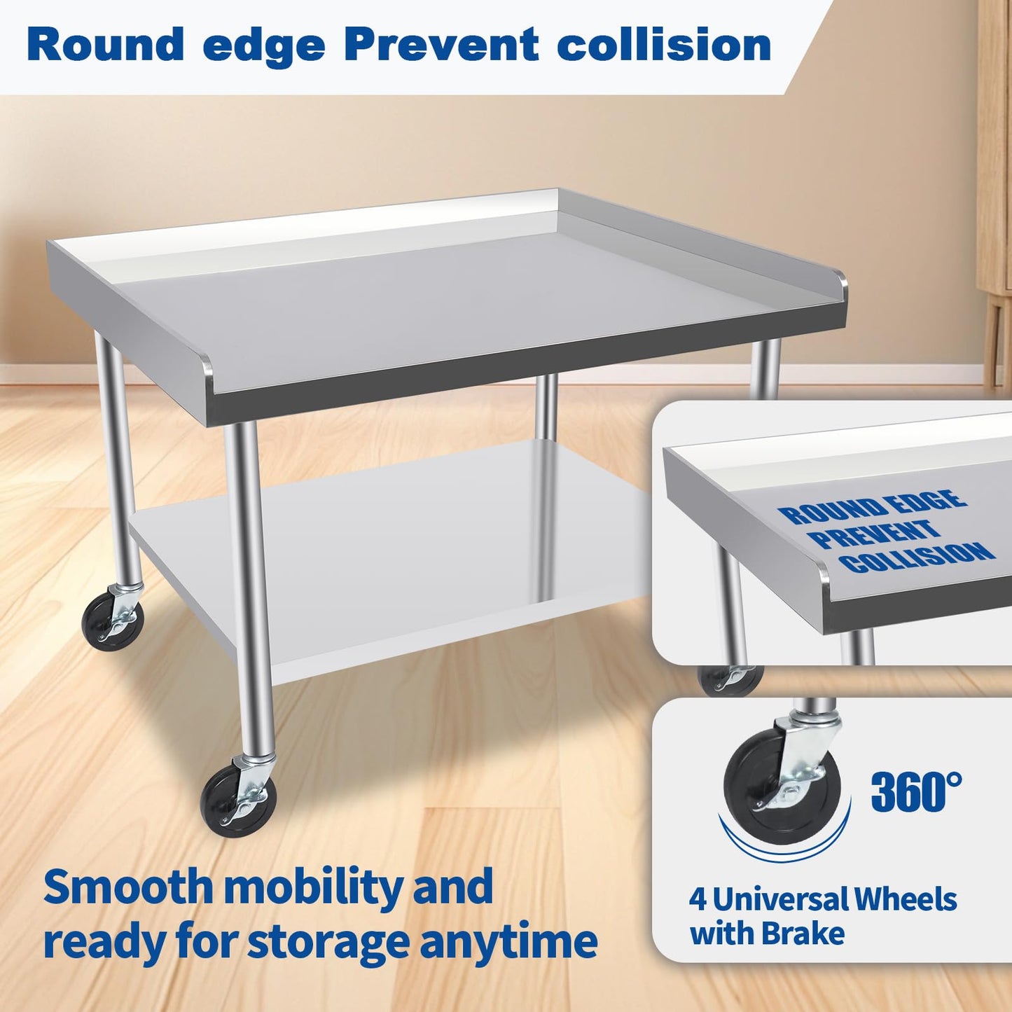 KUGEIGO Commercial-Grade Stainless Steel Workstation Table with Under Shelf & Lockable Casters (30"x36"x26")