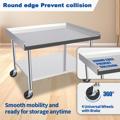 KUGEIGO Commercial-Grade Stainless Steel Workstation Table with Under Shelf & Lockable Casters (30"x36"x26")