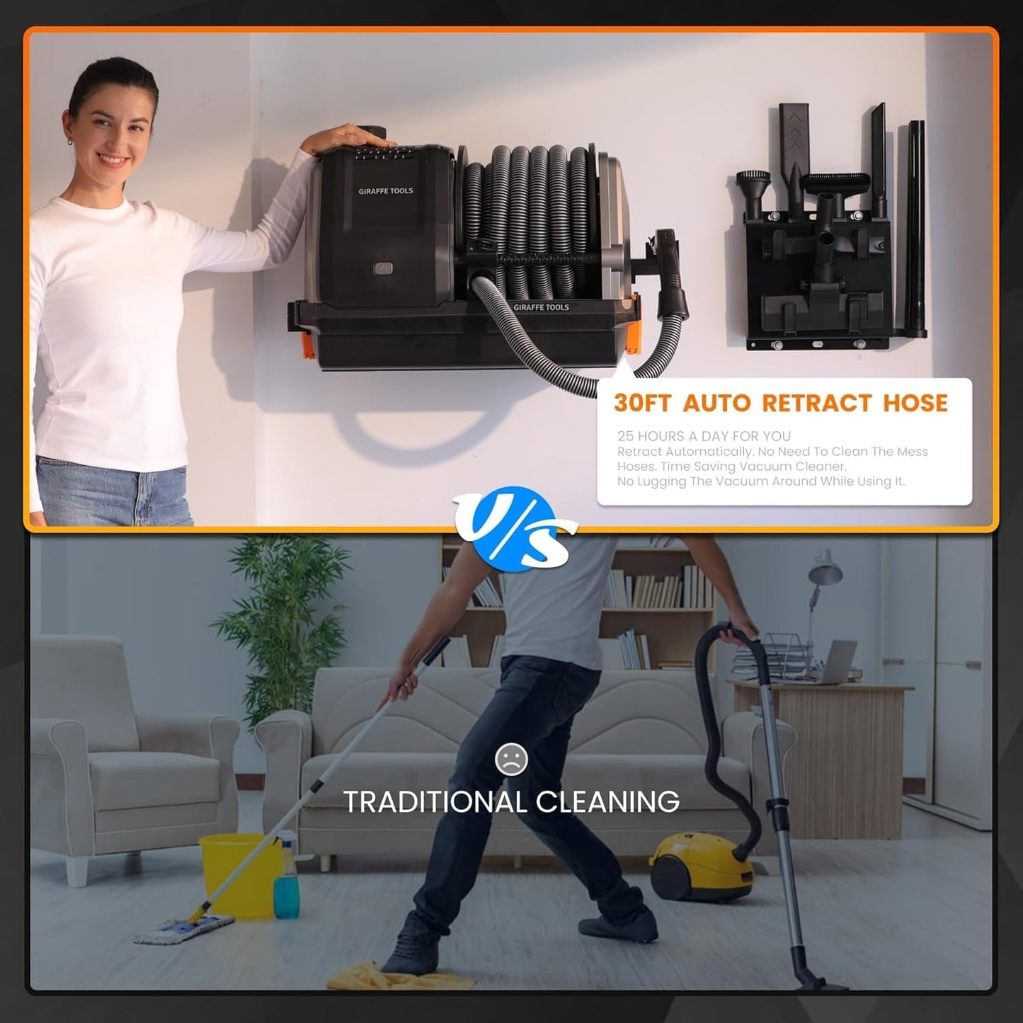 Giraffe Tools Grandstorm Retractable Vacuum Cleaner Wall-Mounted, Shop Wet Dry Vacuum Cleaner with 6 Nozzles for Car Detailing Remote Control Garage Vacuum, Grey, 30ft Hose