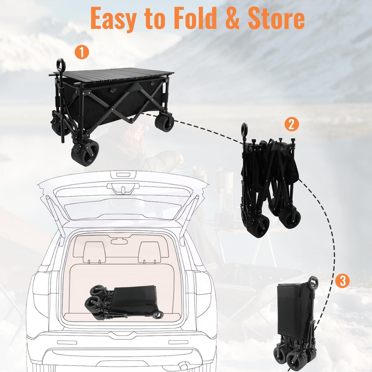 Heavy Duty Collapsible Folding Wagon with Table, 440LBS Capacity Utility Wagon Cart with All-Terrain Wheels, Foldable Beach Camping Wagon for Garden, Sports, Picnics Black