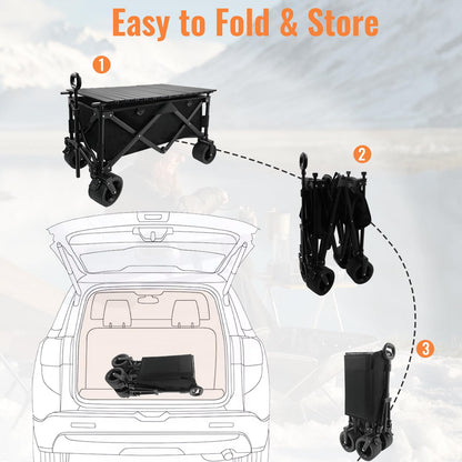 Heavy Duty Collapsible Folding Wagon with Table, 440LBS Capacity Utility Wagon Cart with All-Terrain Wheels, Foldable Beach Camping Wagon for Garden, Sports, Picnics Black