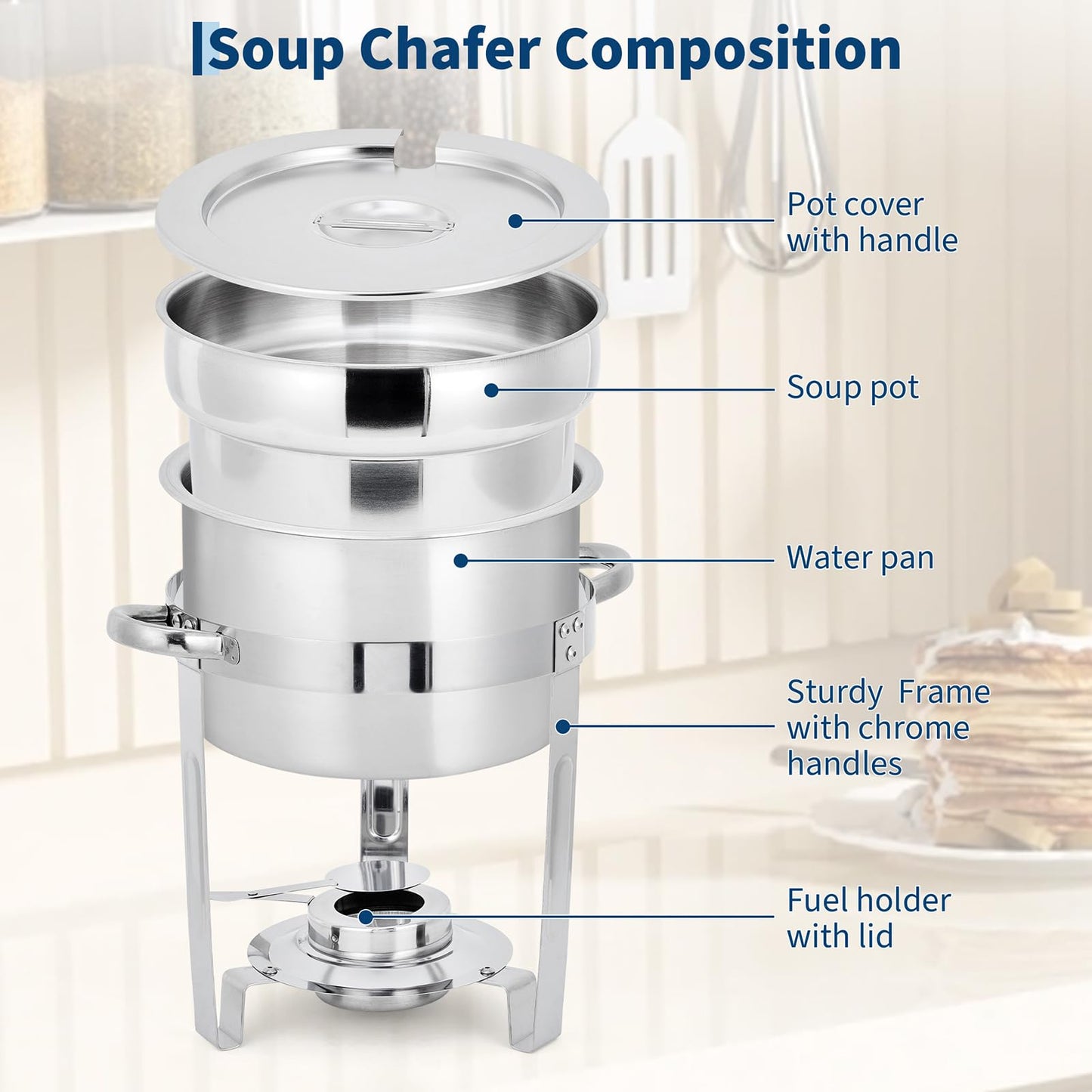GarveeHome 7QT Soup Chafer Set of 2, Stainless Steel Round Soup Warmer with Pot, Notched Lids & Fuel Holders, Commercial Food Warmer for Buffets, Events and Party Service