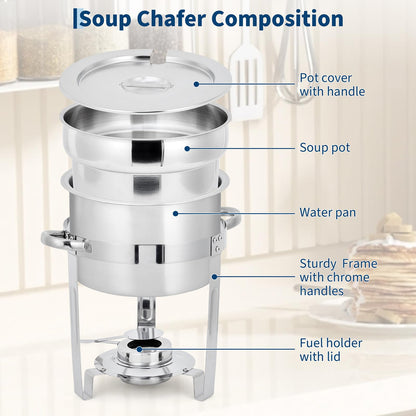 GarveeHome 7QT Soup Chafer Set of 2, Stainless Steel Round Soup Warmer with Pot, Notched Lids & Fuel Holders, Commercial Food Warmer for Buffets, Events and Party Service