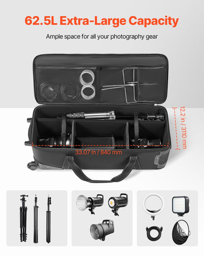 VEVOR Studio Equipment Trolley Case, 35.83 x 11.81 x 14 in / 91 x 30 x 35.5 cm, Rolling Camera Bag, Carrying Bag with Wheels Straps Padded Compartment Handle, for Light Stands, Tripods, Telescopes