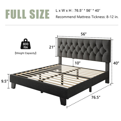 Feonase Full Size Platform Bed Frame with Button Tufted Headboard, Upholstered Linen Bed with Wooden Slats Support, No Box Spring Needed, Easy Assembly, Noise-Free, Dark Grey