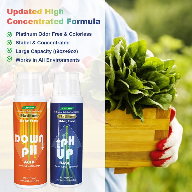 FOLLOWIN pH Up and Down Control Kit for Hydroponics, Soil Gardens & Aquariums - Concentrated Liquid pH Adjuster Set (9 oz + 9 oz) with pH Indicator - Balanced Nutrient Solution for Plants