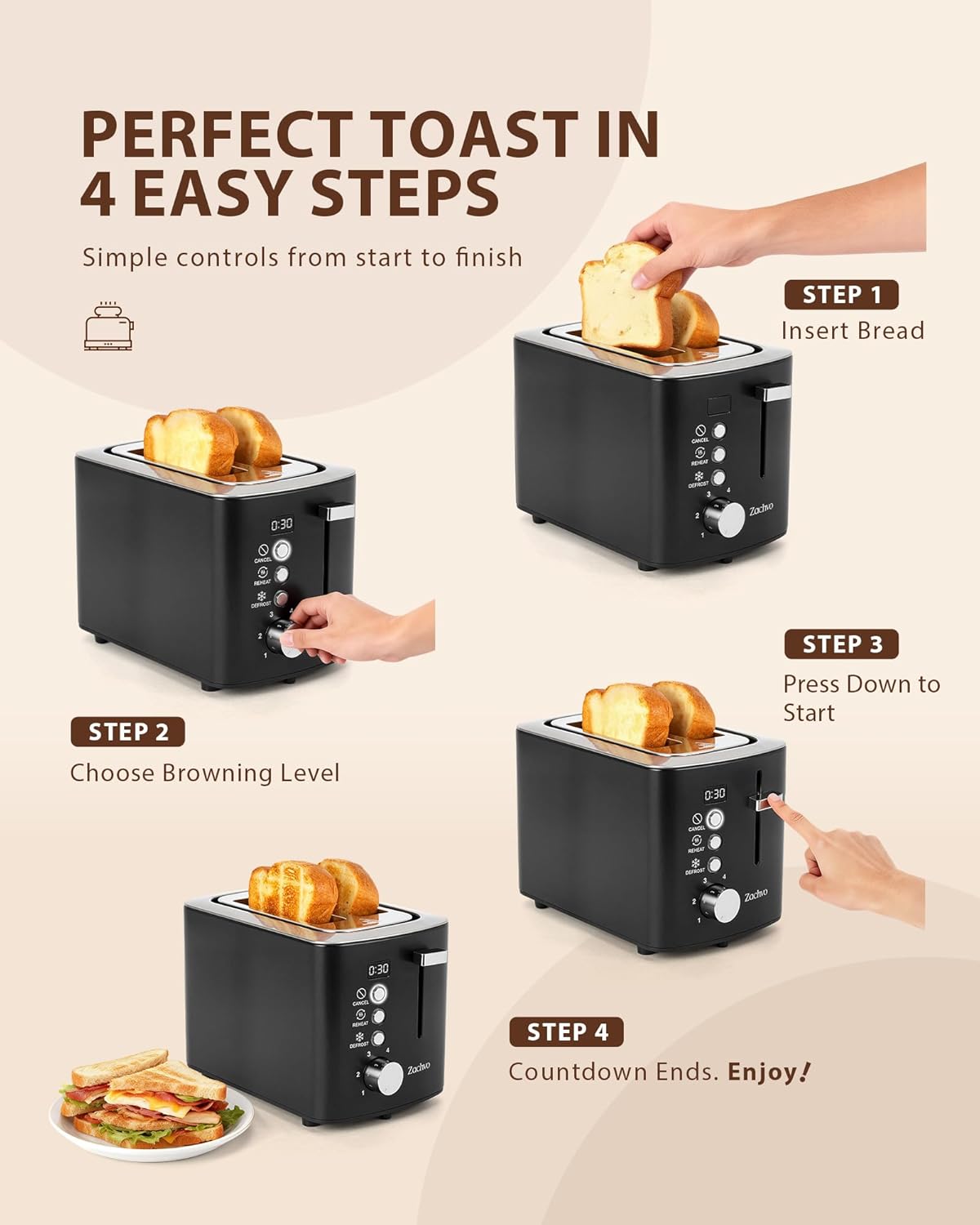 Skiennix 2-Slice Toaster - Wide Slots for Bread & Bagels, Stainless Steel with Digital Countdown, Black