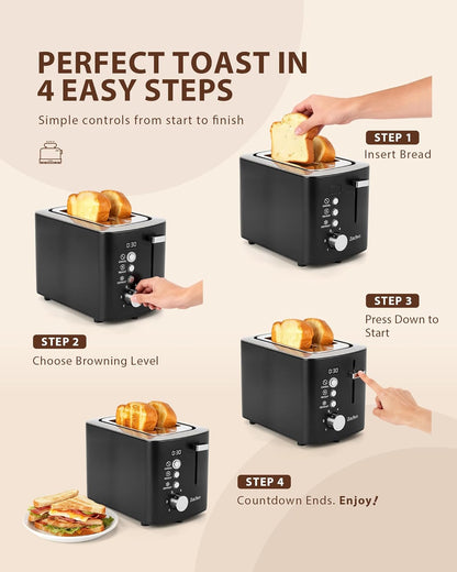 Skiennix 2-Slice Toaster - Wide Slots for Bread & Bagels, Stainless Steel with Digital Countdown, Black