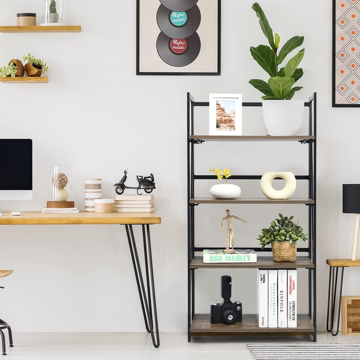 Giantex 4-Tier Bookshelf, No-Assembly Folding Industrial Storage Shelves w/Anti-Tipping Wall Bolt, Large Storage Space Display Rack and Freestanding Storage Organizer
