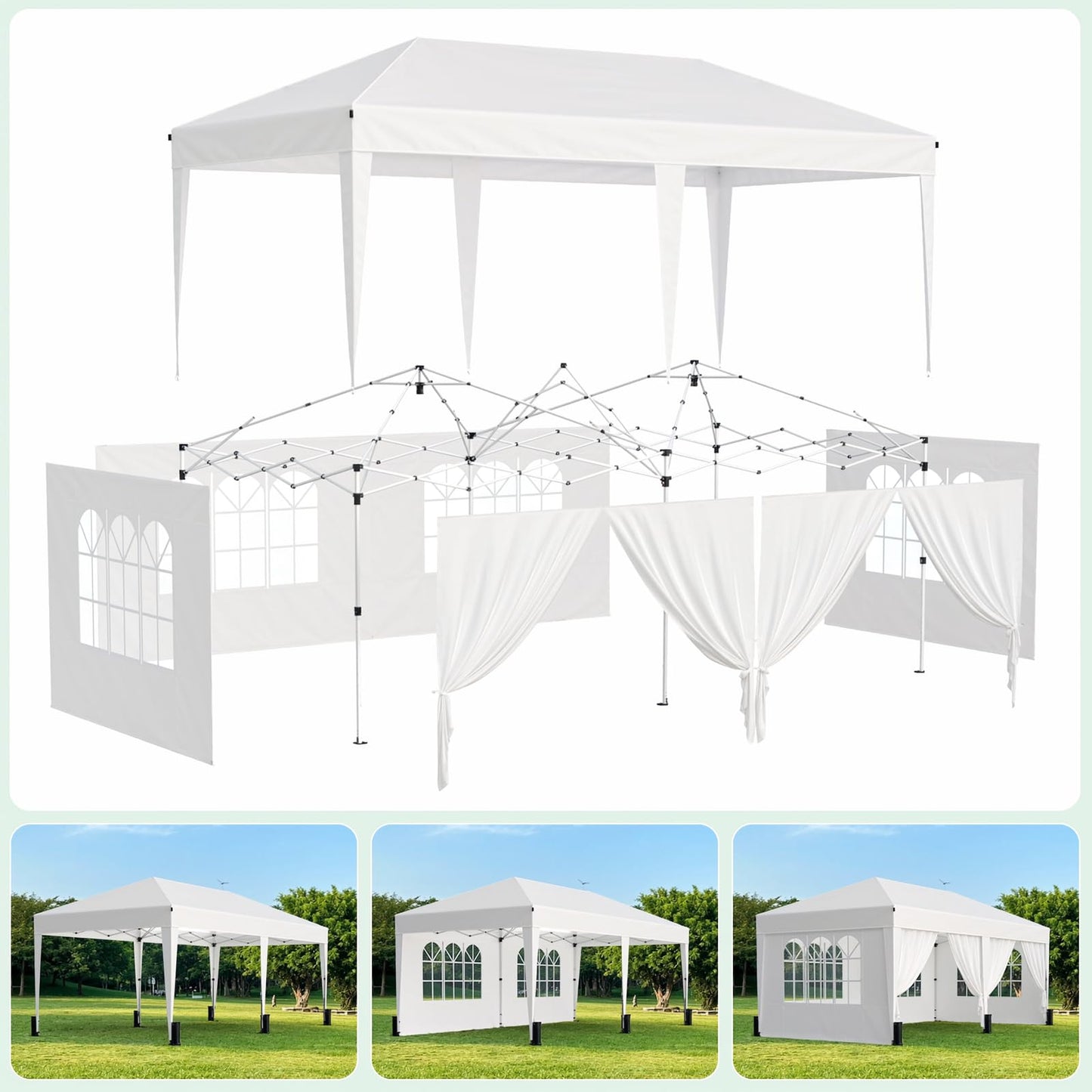 Driftalia 10x20 Pop up Canopy Tent with 6 Sidewalls, Outdoor Canopy with Windows & Roller Bag, Party Tent for Commercial Events, Weddings, Camping - White