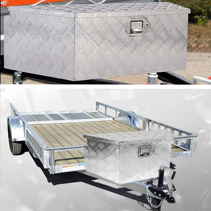 Edicapo 27" x 13" x 13" Trailer Tongue Tool Box with Latch and Keys Heavy Duty Aluminum Trailer Toolbox Organizer Truck Underbody Box Compatible with Pick Up Truck Bed RV Trailer ATV Silver