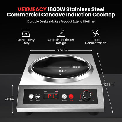 VEXMAECY 1800W Electric Wok Used For Home And Commercial,Induction Wok With Concave Surface Stainless Steel Strong Power Dual Control Mode 10 Power And Temp 24H Timer Induction Cooktop For Cooking