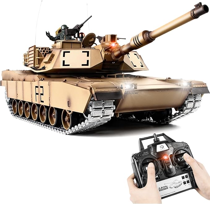 1/16 RC Tank Heng Long US M1A2 Abrams Army Toy with Smoke Sound and Lights Remote Control Tank That Shoots with Upgraded Metal Tracks Idler and Sprocket Wheel Steel Gearbox Batteries*2