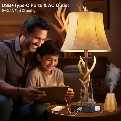 BOWOBO Antler Table Lamps Set of 2 with USB A+C Ports for Bedroom Farmhouse Deer Rustic Bedside Lamps with Faux Leather Bell Shade for Living Room End Table Hunting Themed Cabin Lamp Pull Chain