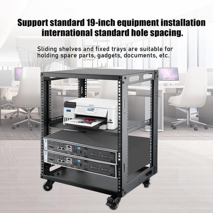 12U Open Frame Server Rack with Wheels Free Standing Network Server Rack for Servers & AV Gear Black
