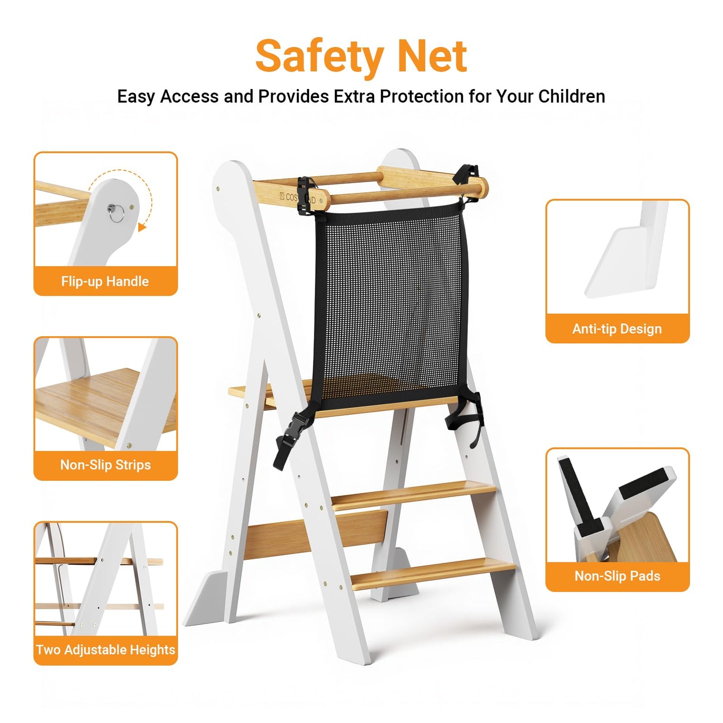 COSYLAND Foldable Toddler Kitchen Stool Helper - Height Adjustable Standing Tower for Bathroom Sink or Kitchen Counter - Step Stool for Toddlers Ages 18 Months to 6 Years White & Natural