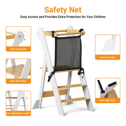 COSYLAND Foldable Toddler Kitchen Stool Helper - Height Adjustable Standing Tower for Bathroom Sink or Kitchen Counter - Step Stool for Toddlers Ages 18 Months to 6 Years White & Natural