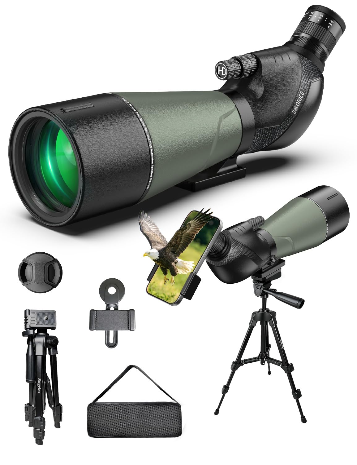 Sogries 20-60x80 Spotting Scope with Dual Focusing for Bird Watching, HD BAK4 Prism FBMC Lens Waterproof Fogproof Spotter Scope for Hiking Camping,Upgraded Phone Adapter & Tripod for Outdoor Gear