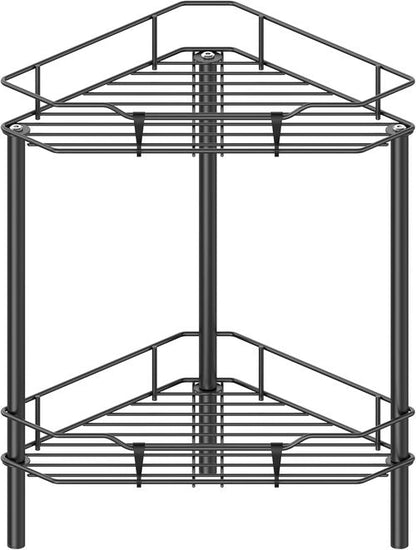 HuggieGems Corner Shower Caddy Organizer - 2 Tier Floor Stand with Hooks | Stylish Black Bathroom Shelf
