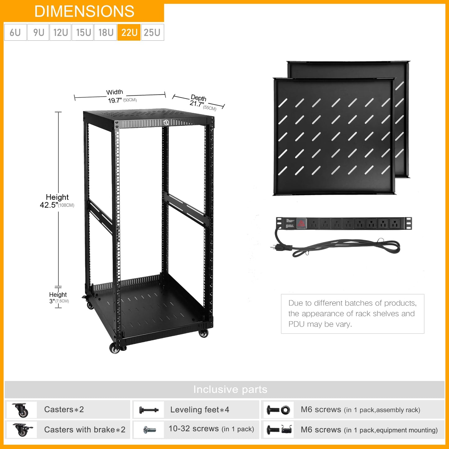 RIVECO 22U Network Rack with Reinforced Top & Bottom Vented Plates - 4 Rolling Wheels Floor Standing for 19" Equipment & Stereo Gear - Including 2PCS Shelves & Rail Mount PDU