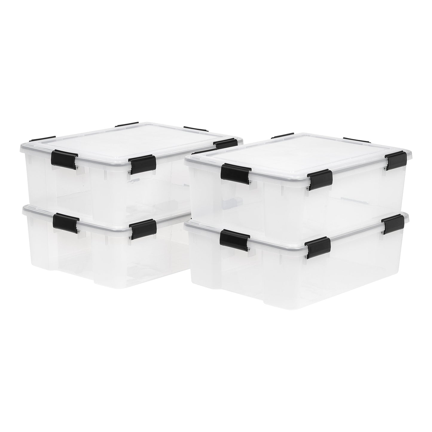 IRIS USA WeatherPro 41 Qt Storage Bins with Lids, 4 Pack, BPA-Free Plastic Gasket Box with Tight Latch and Seal, Stackable Nestable Tote Tub - Clear/Black