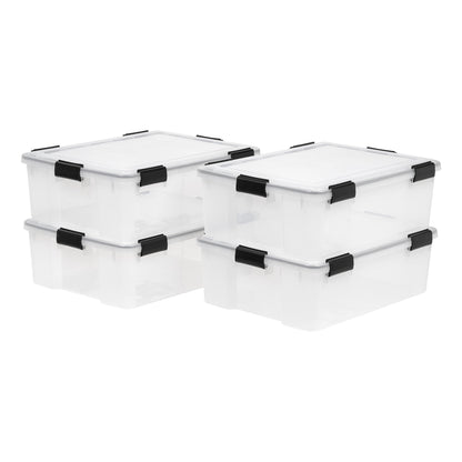 IRIS USA WeatherPro 41 Qt Storage Bins with Lids, 4 Pack, BPA-Free Plastic Gasket Box with Tight Latch and Seal, Stackable Nestable Tote Tub - Clear/Black