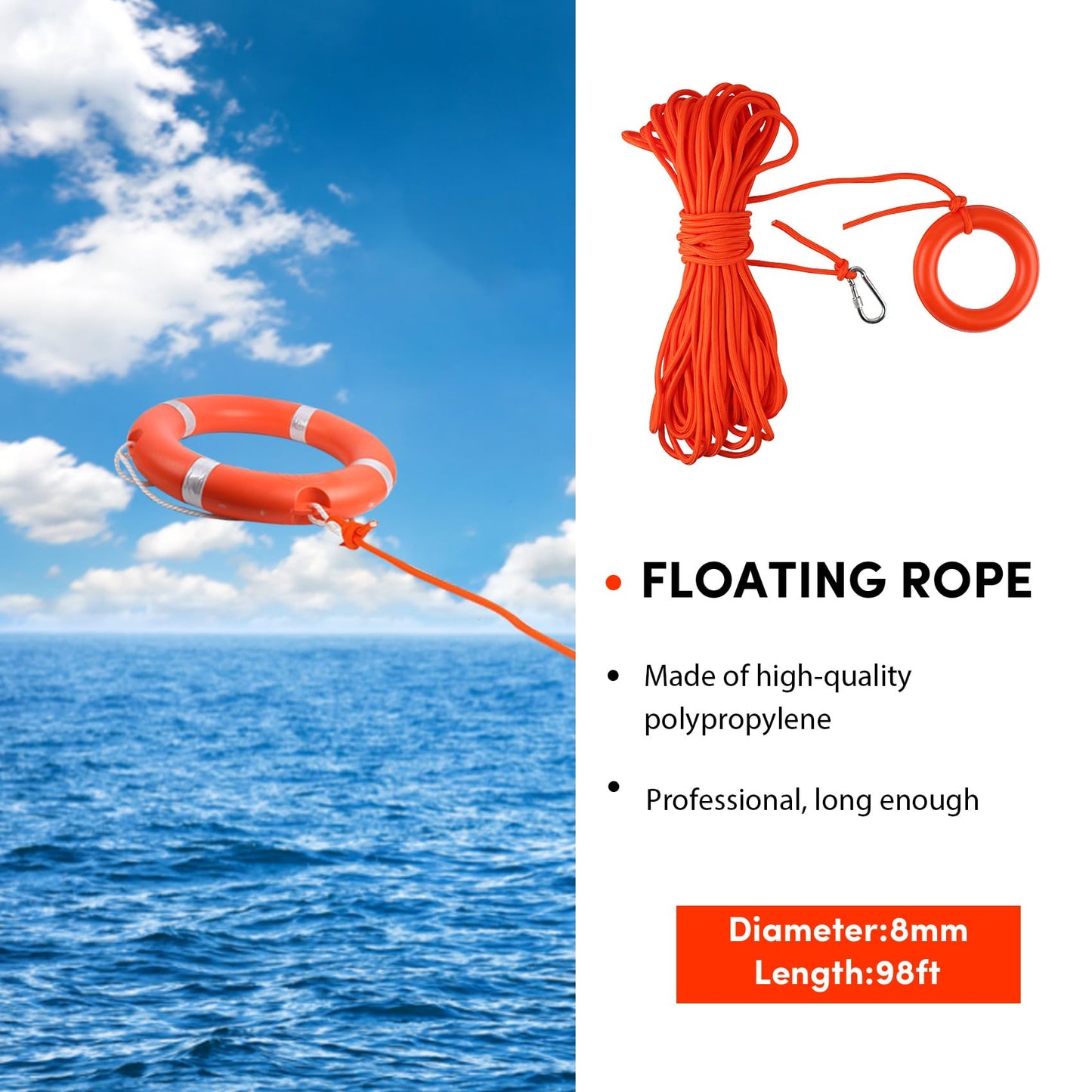 Life Ring, 28" Boat Safety Throw Rings with 98.5 FT Floating Rescue Rope, Pool Life Ring with Reflective Tape, 2 Pack, Orange